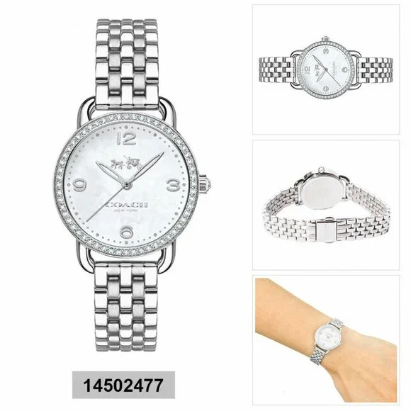 Coach WOMEN Silver Tone Delancey Mother of Pearl Crystal Watch 28mm 14502477 NWT - Picture 1 of 4
